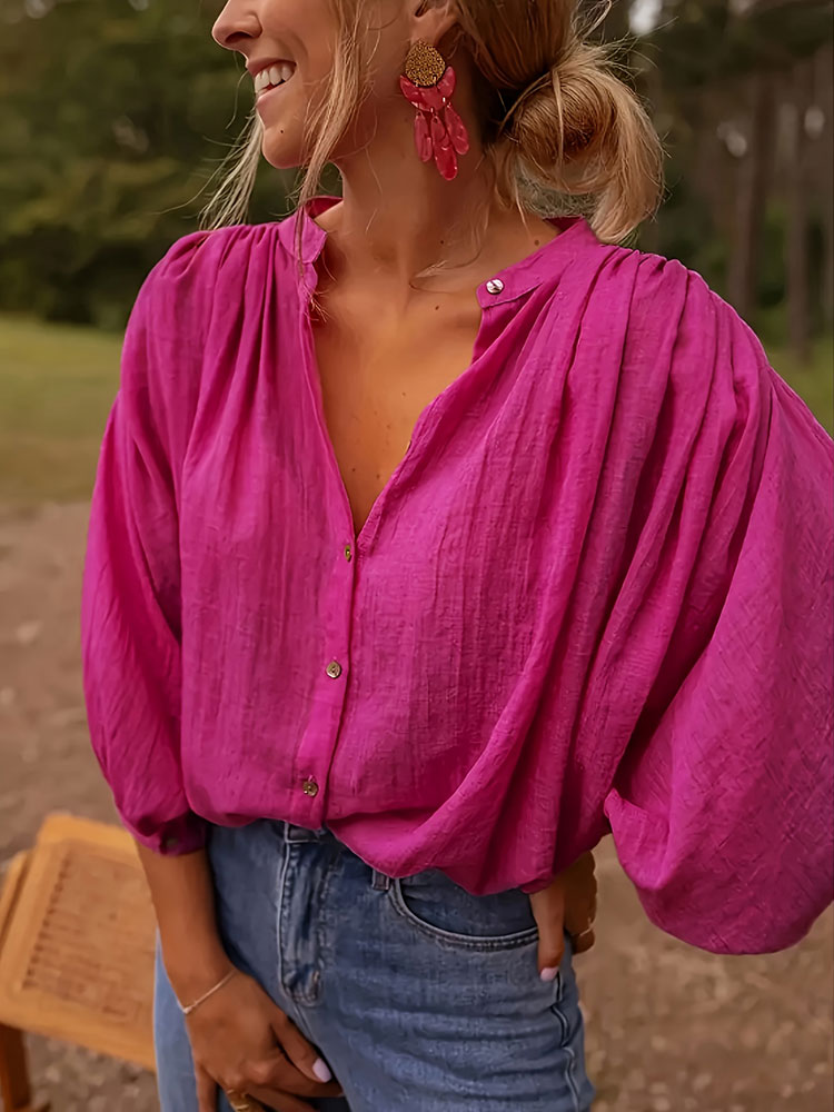 Puff Sleeve Blouse - Yeni Şık Dik Yaka Uzun Kollu