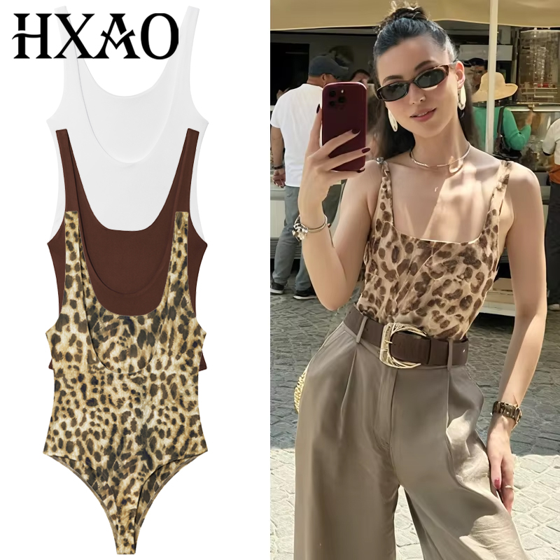 Corset Top Boned - HXAO Leopar Kayma Bodysuit Kadın Yaz