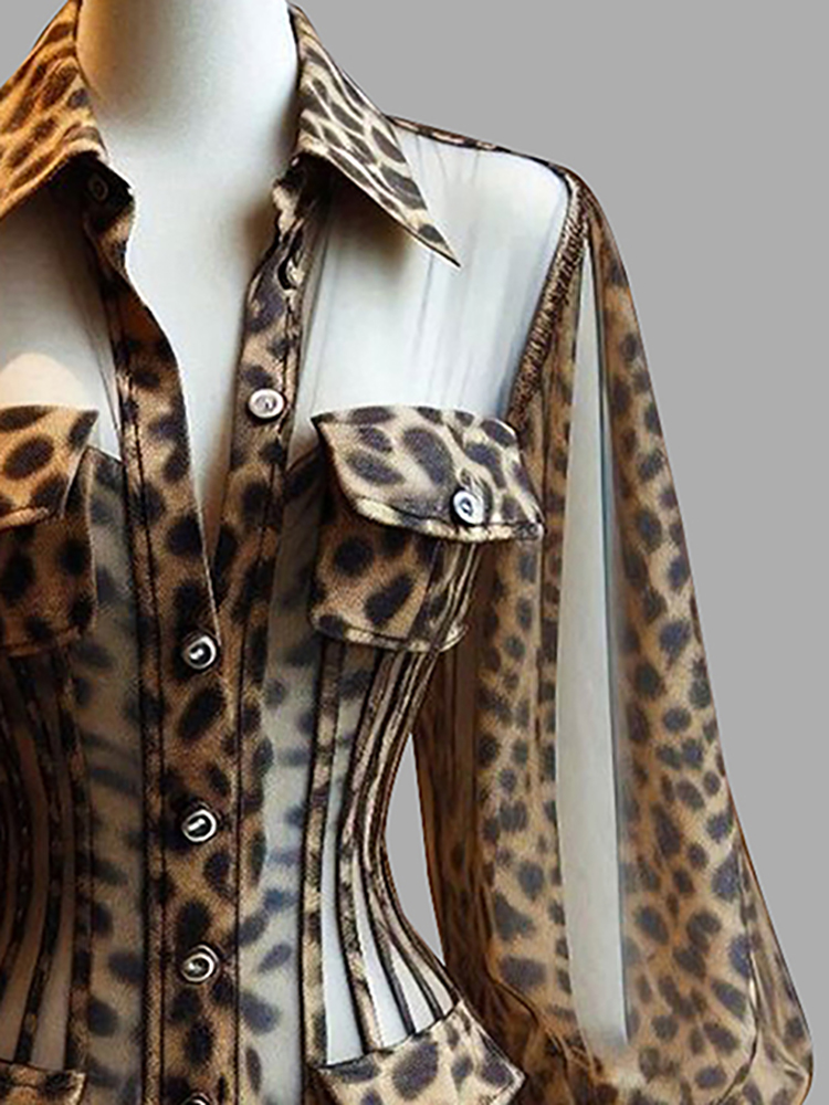 Corset Top Boned - Kadın Leopar Desenli Şeffaf Korse Bluz