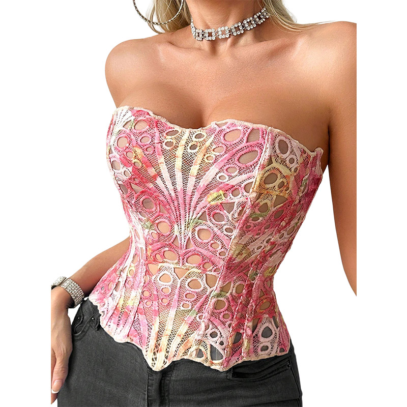 Corset Top Boned - Seksi Kemik Desenli Korse Şeffaf File