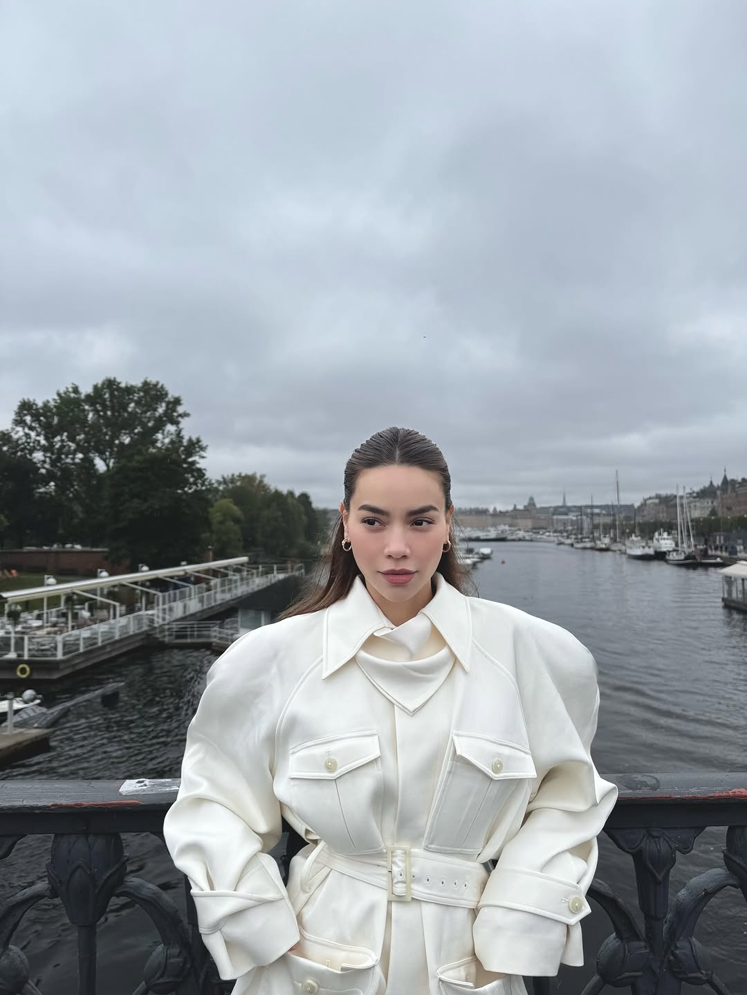 Women'S Fashion Utility Jacket - Düz Beyaz Yaka Bağcıklı Ceket Uzun