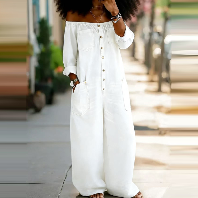 Women'S Fashion Vintage Off Shoulder Long Sleeve Jumpsuit - Zarif Omuzları Açık Tek Renk Kot