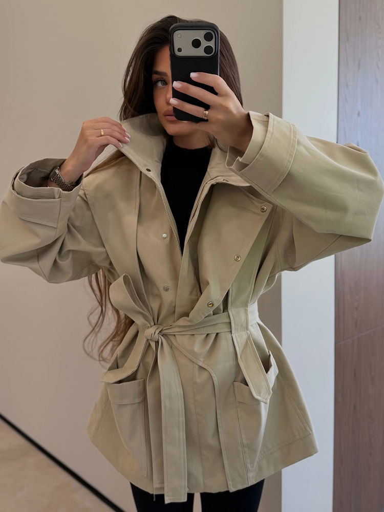Women'S Fashion Utility Jacket - Kadın Kısa Trençkot Kemerli Dik Yaka
