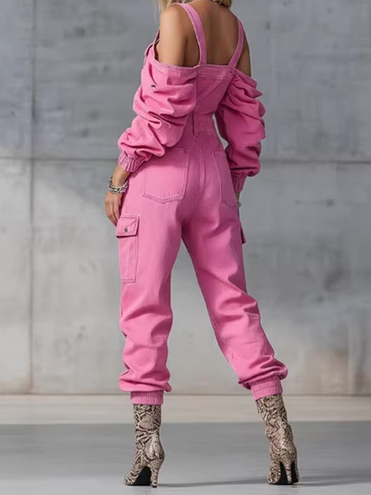 Moda Vintage Denim Tulum Kadın - Women'S Fashion Vintage Off Shoulder Long Sleeve Jumpsuit incelemesi ve fiyatı